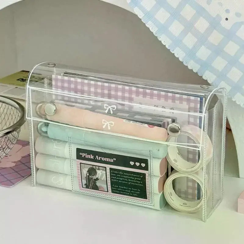 PVC Transparent Button Pencil Case Large Capacity Vertical Simple Ins Style Student Desktop Finishing Niche Stationery Storage Vue