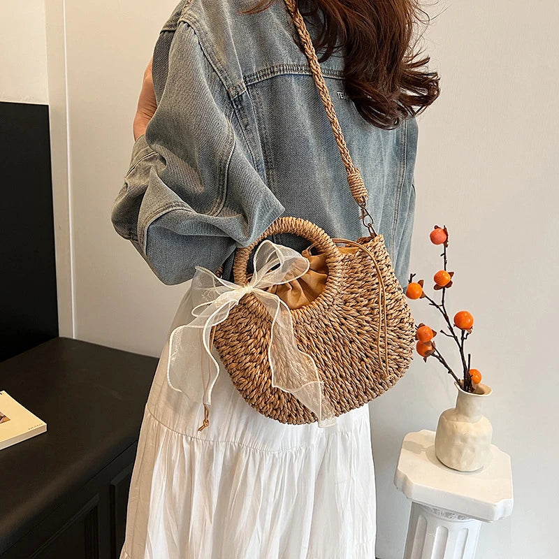 Women Crossbody Bags Handmade Casual Woven Basket Handbag Elegant