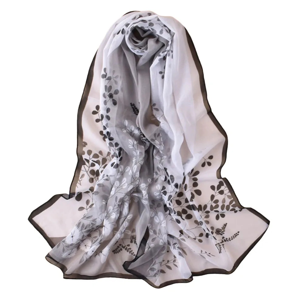 Floral Print Chiffon Scarf Long Thin Shawl Silk Soft Protection Vue Black