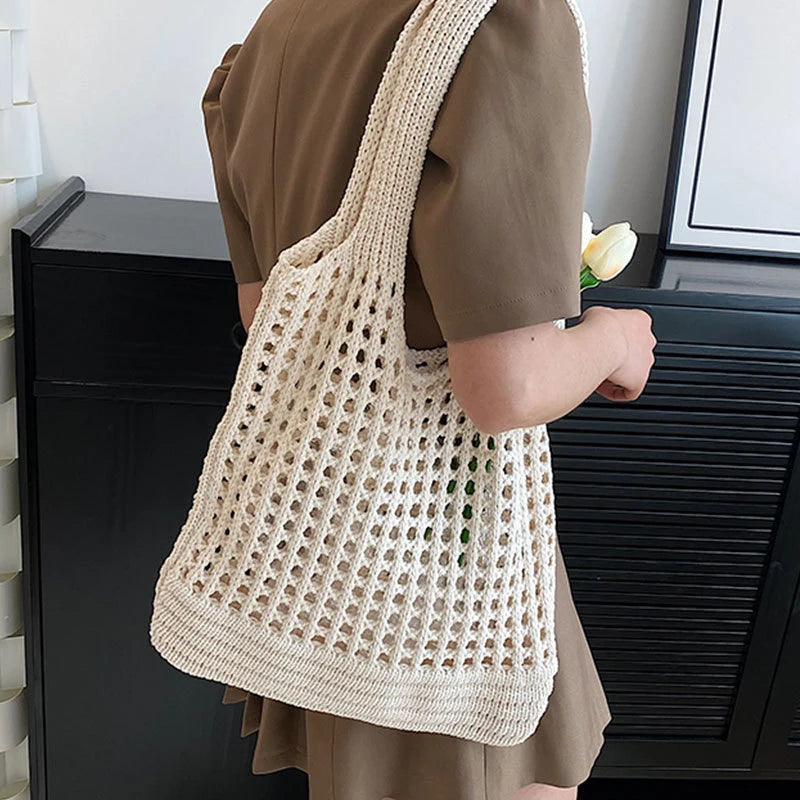 Vintage Hollow Design Woven Women Shoulder Bag Knitting Large Vue
