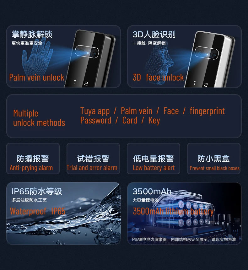 Tuya APP Face Recognition Smart Door Lock Electronic Digital Door Lock Fully Automatic Door Lock With Camera Vue