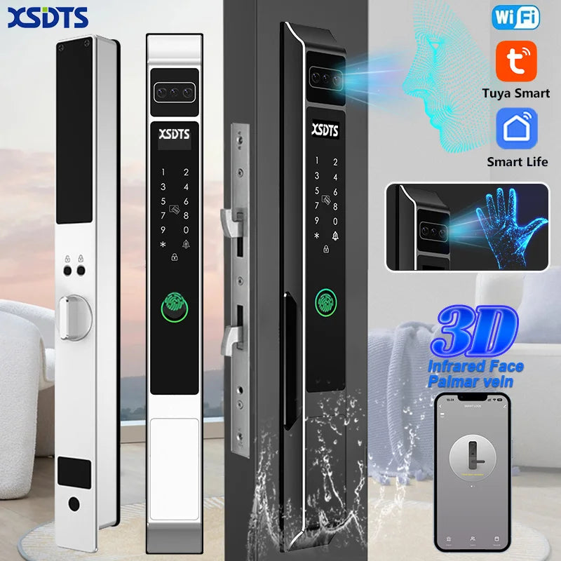 3D Face Palm Vein Tuya WiFi Electronic Smart Door Lock Password Key Fingerprint Aluminum Glass Sliding Door Waterproof Outdoor Vue