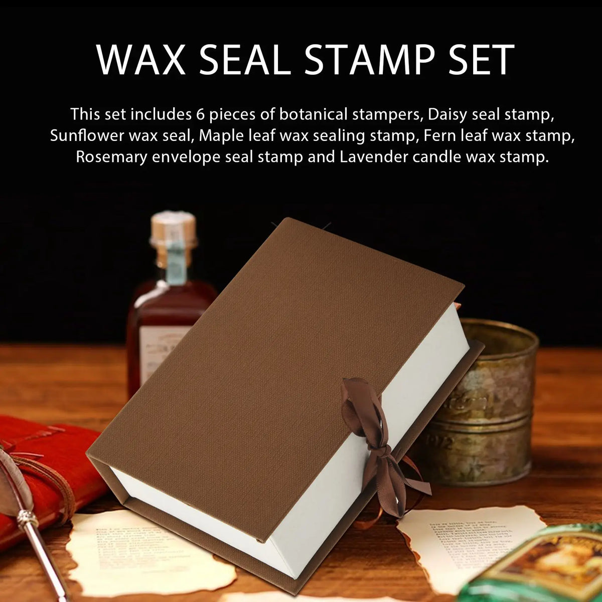 ABKW-Moorlando Wax Seal Stamp Set, 6Pcs Botanical Sealing Wax Stamp Brass Heads + 1Pc Wooden Handle With A Gift Box Vintage Vue