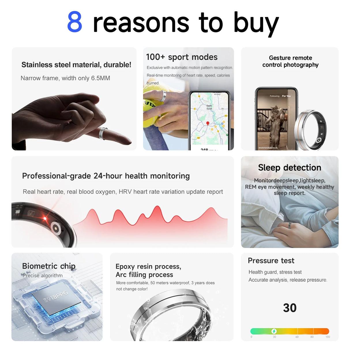 New 5ATM Waterproof Smart Ring 24 hour Heart Rate&Blood Oxygen&Sleep Monitor Fashion Sports Ring Music Control For Men Women Vue
