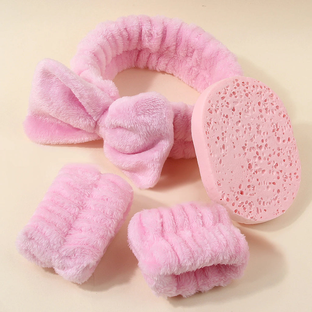 Hot Sale 4PCS Pink Plush Skincare Set, Bow Headband + Wristbands + Cleansing Sponge for Face Washing & Makeup Removal Vue Other