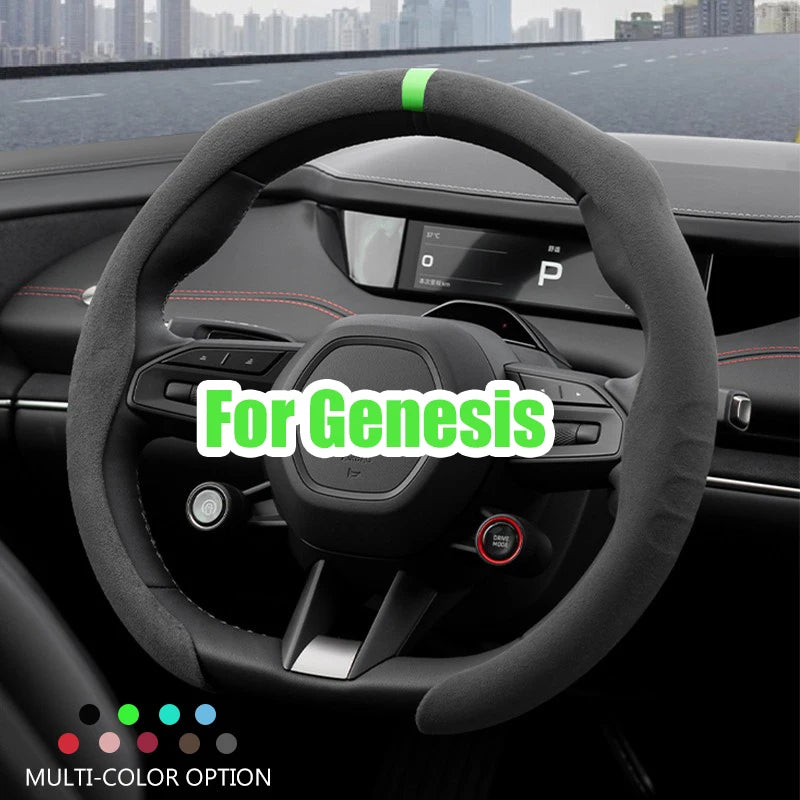 Suede Leather 38cm Car Steering Wheel Cover, Breathable, Auto Decoration For Genesis GV60, GV70, GV80, G80, G70, G90, 2021, 2022 Vue