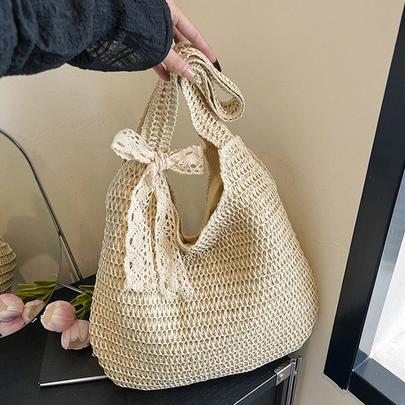 Solid Woven Tote Bag Hollow Out Breathable Shopping Straw Lightweight