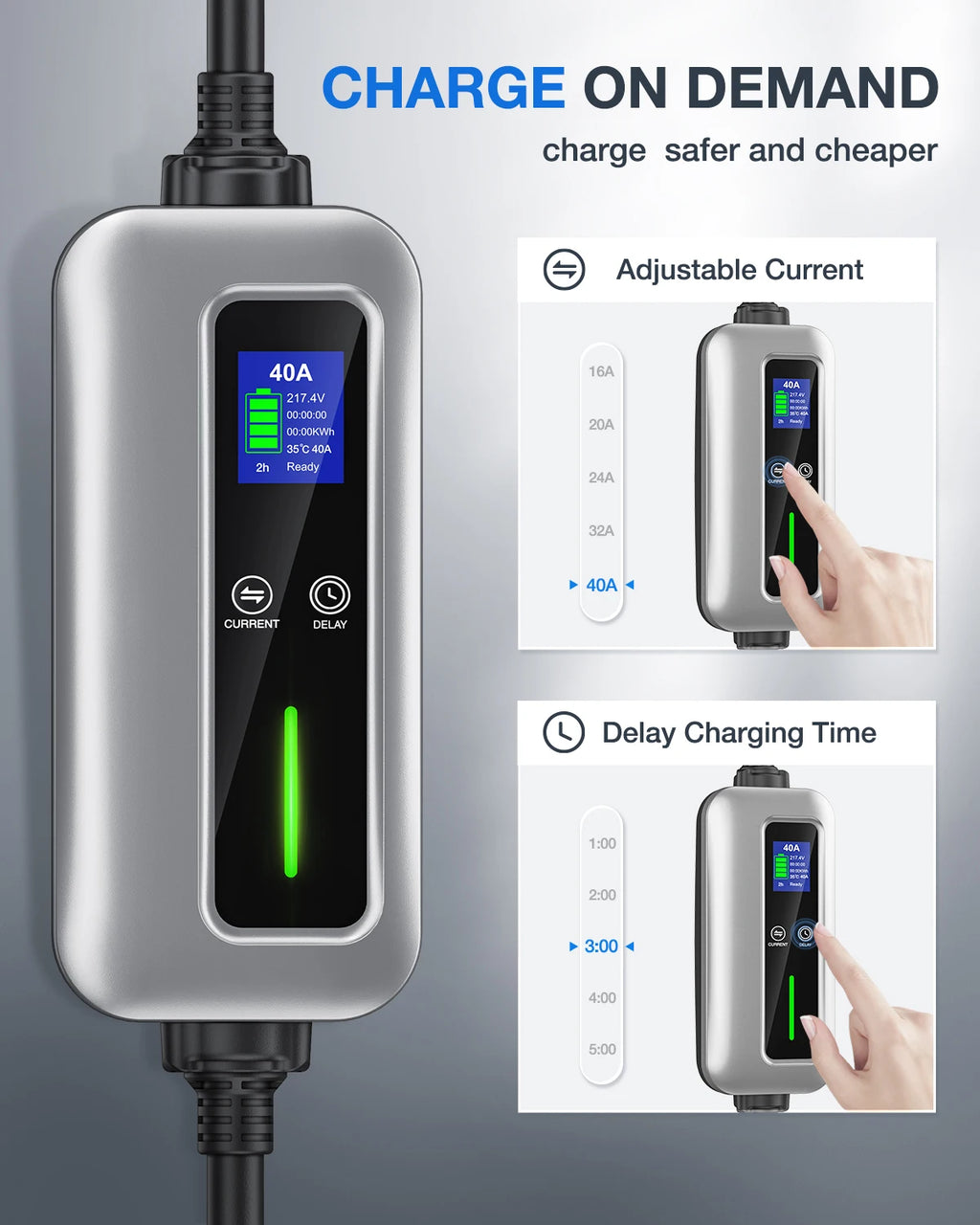 Nilight EV Charger Level 2, 40 Amp 240V, 25ft Cable SAE J1772 Portable Electric Car Charger with NEMA 14-50P Plug, Adjustable Current/Delay Timer Vue