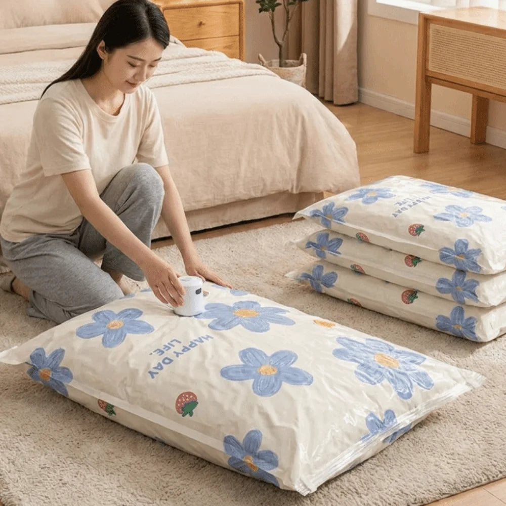 4PCS Blue Floral Pattern Vacuum Compression Bag Space Saving Large Capacity Clothes Moving Bag Moisture-proof Dust-proof Vue