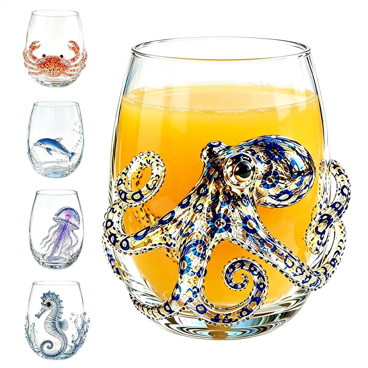 Marine Animal Drinking Glass, Stemless Tumbler with Ocean Design, Reusable Water Cup for Home Bar Party, drinking cup Adults Vue