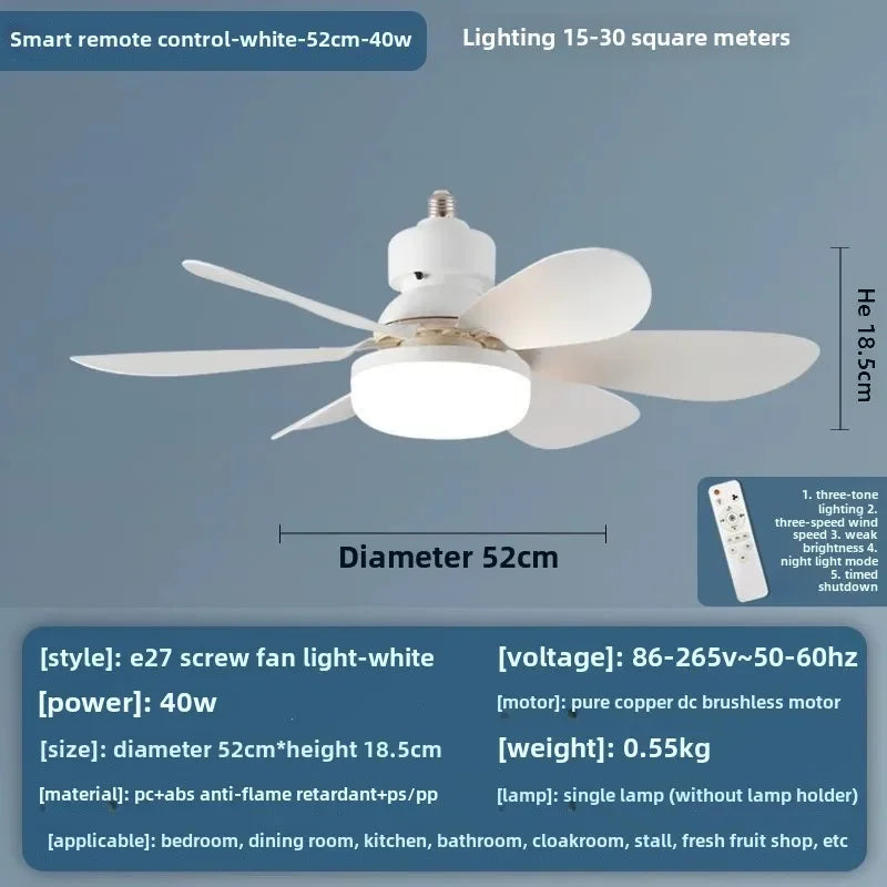 LED 40W Socket Ceiling Fan with Light, 20.5in Screw Ceiling Fans with Lights with Remote, for Bedroom/Garage/Kitchen Vue WHITE 85-265V