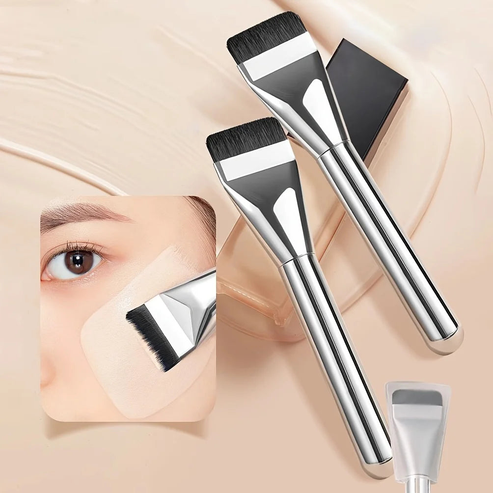 2PCS Ultra-Thin Foundation Brush - Flat Head Vegan Bristles for BB Cream/Concealer/Foundation, Streak-Free Application Vue