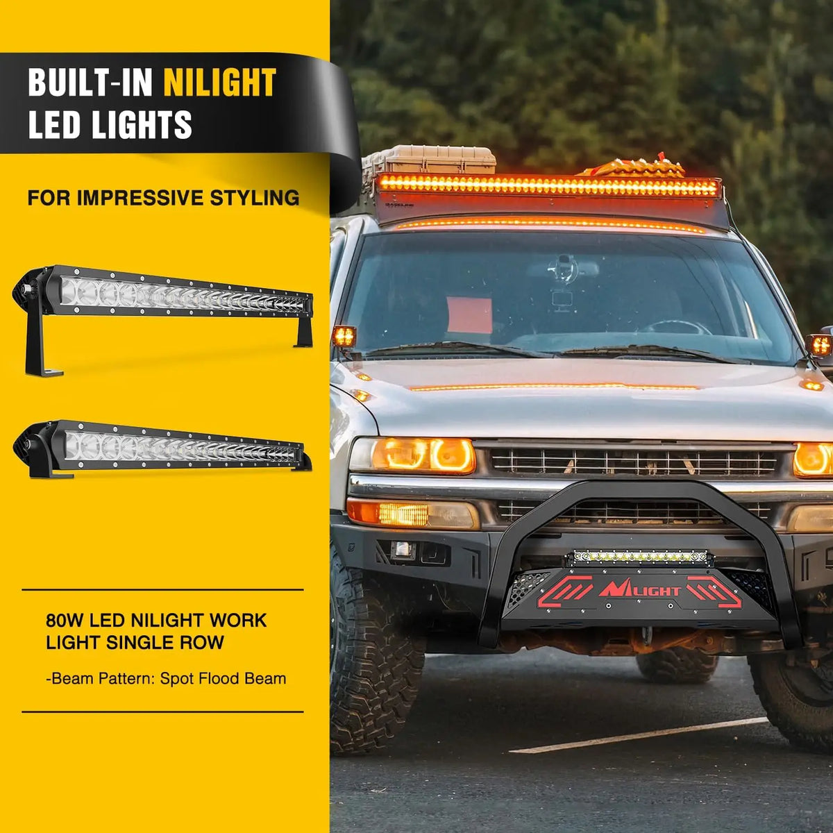 Nilight Bull Bar with Light fits 1999-2006 Chevy Silverado & GMC Sierra (07 Classic)/ 2000-2006 Suburban Tahoe & Yukon & XL / 2002-2006 Avalanche Front Bumper Grille Guard with Skid Plate Licence Hole Vue