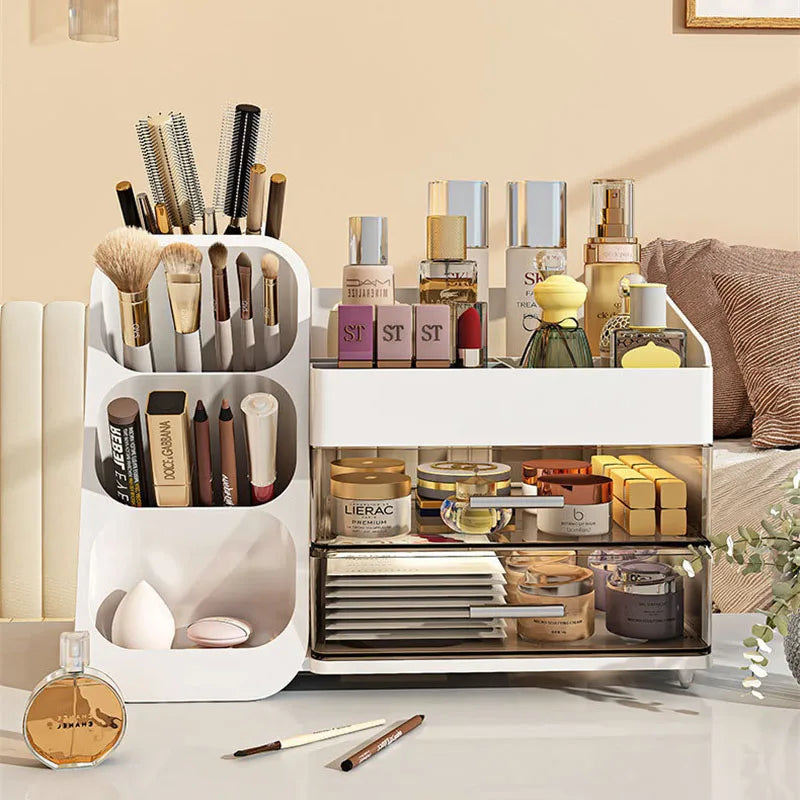 Large Capacity Makeup Tools Organizer with Drawers and Brushes Holder Plastic Cosmetics Skincare Dressing Desktop Storage Box Vue