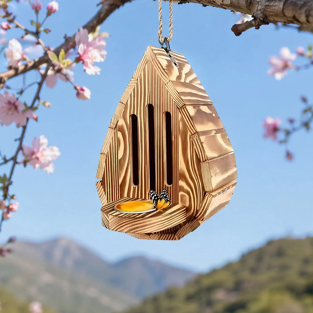 Wooden Teardrop Butterfly House with Feeder & Back Door Butterfly House Vue