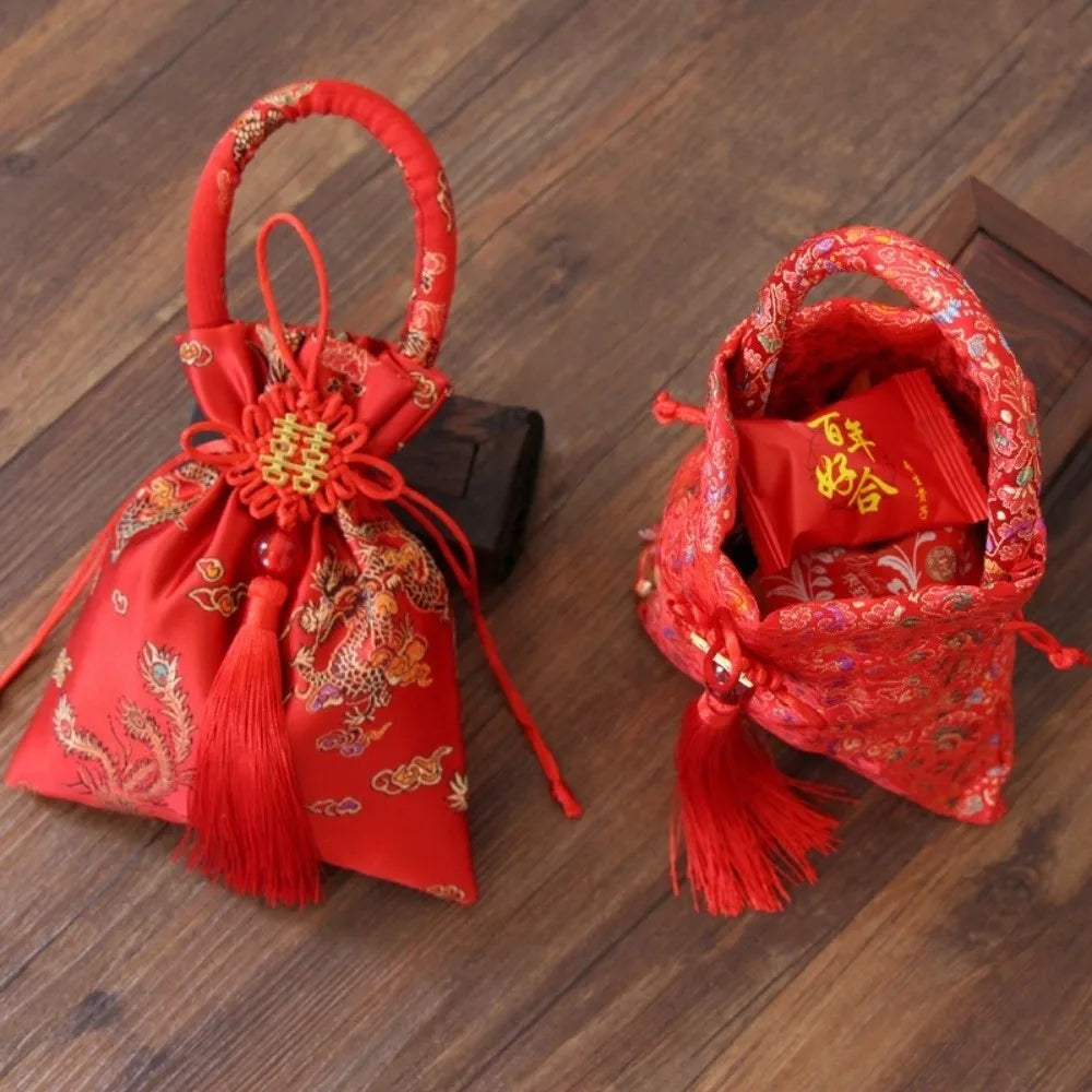 Chinese Style Canvas Flower Drawstring Bag Dragon Phoenix Chinese Knot Tassel Handbag Storage Bag Large Capacity Vue