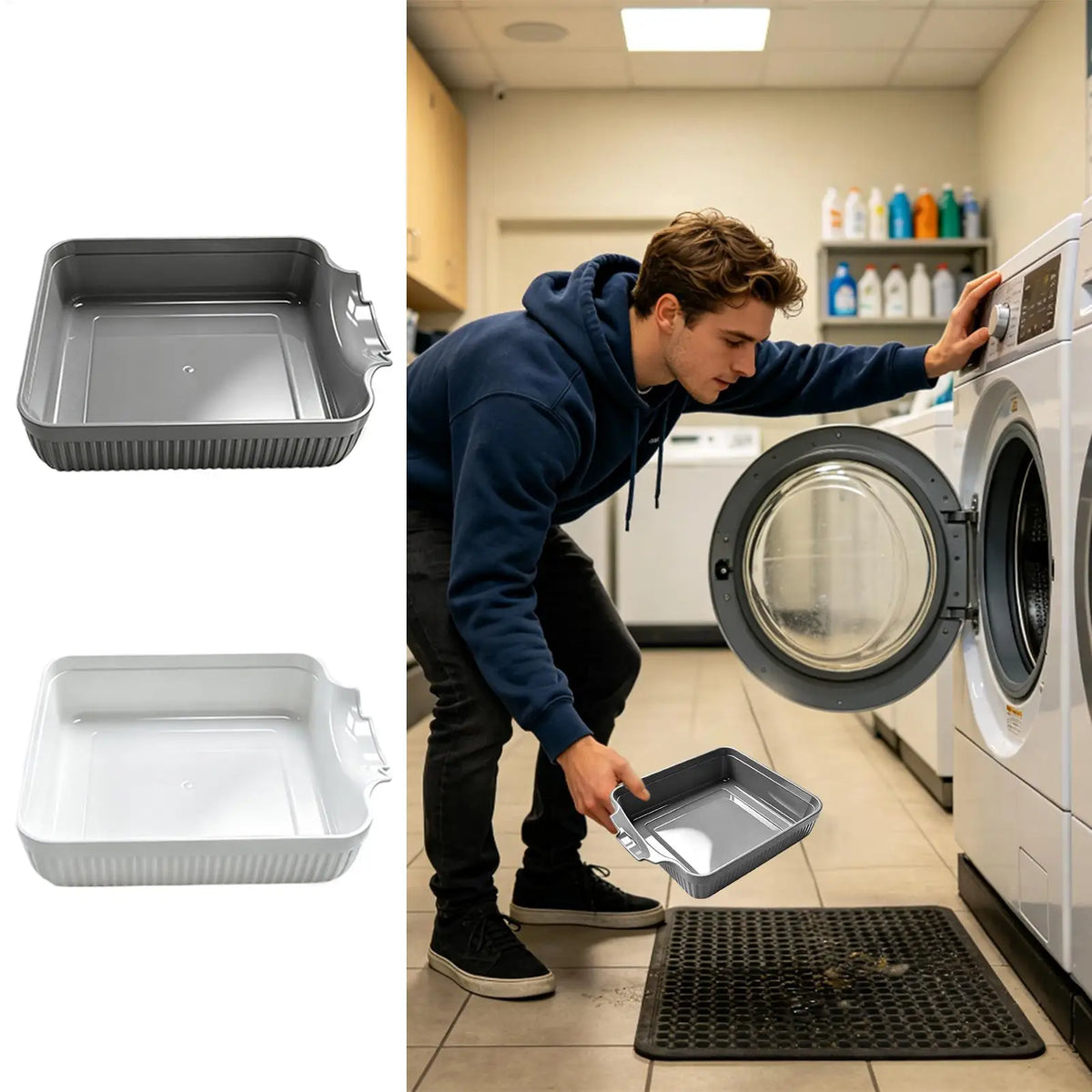 Universal Home Washing Machine Drain Tray, Leak-Proof Water Catch Pan with Hose Adapter, Front-Load Drip Tray & Floor Protector Vue