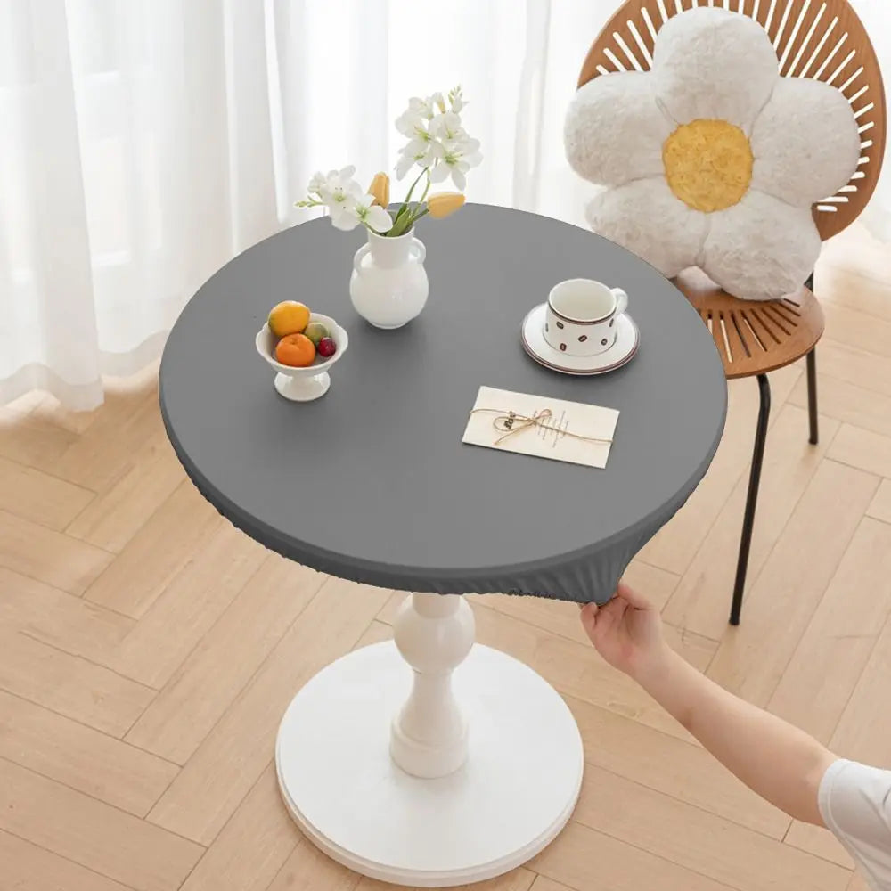 PU Leather Stretch Tablecloth Waterproof 60/80cm Round Table Cover Wipeable Wear-resistant Elastic Table Cover Restaurant Use Vue