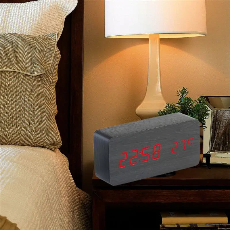 ABKW-Wooden Square Desk Clock LED Digital Display Alarm Clock Temperature Display Clock For Bedroom Decoration Clock Vue