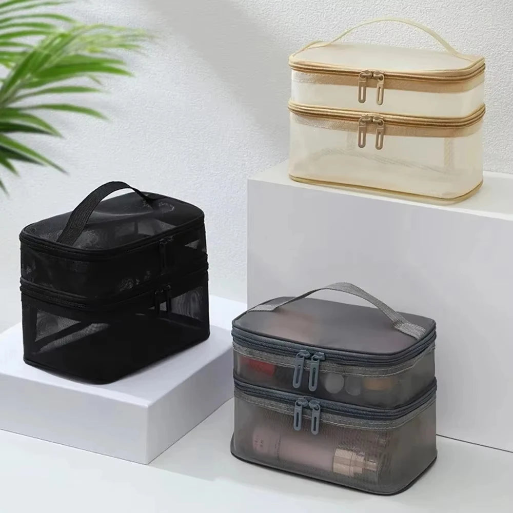 Dual Openings For Large Capacity, Double-Layer Handheld Mesh Storage Bag, Soft Material Resists Deformation, Transparent And Vis Vue
