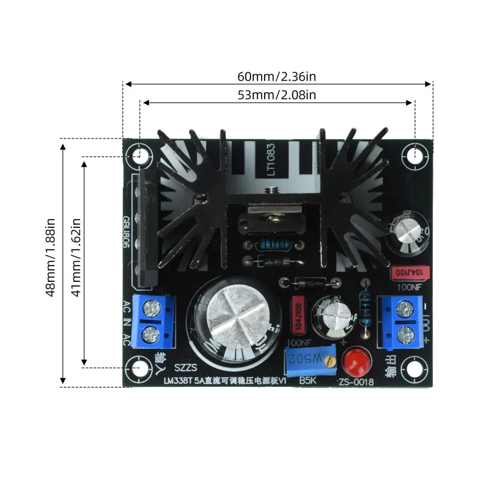 LM338T Linear Adjustable Voltage Regulator Module AC0-24V DC0-35V Input DC1.5-30V Output 5A Power Supply Board for Lab Test Vue