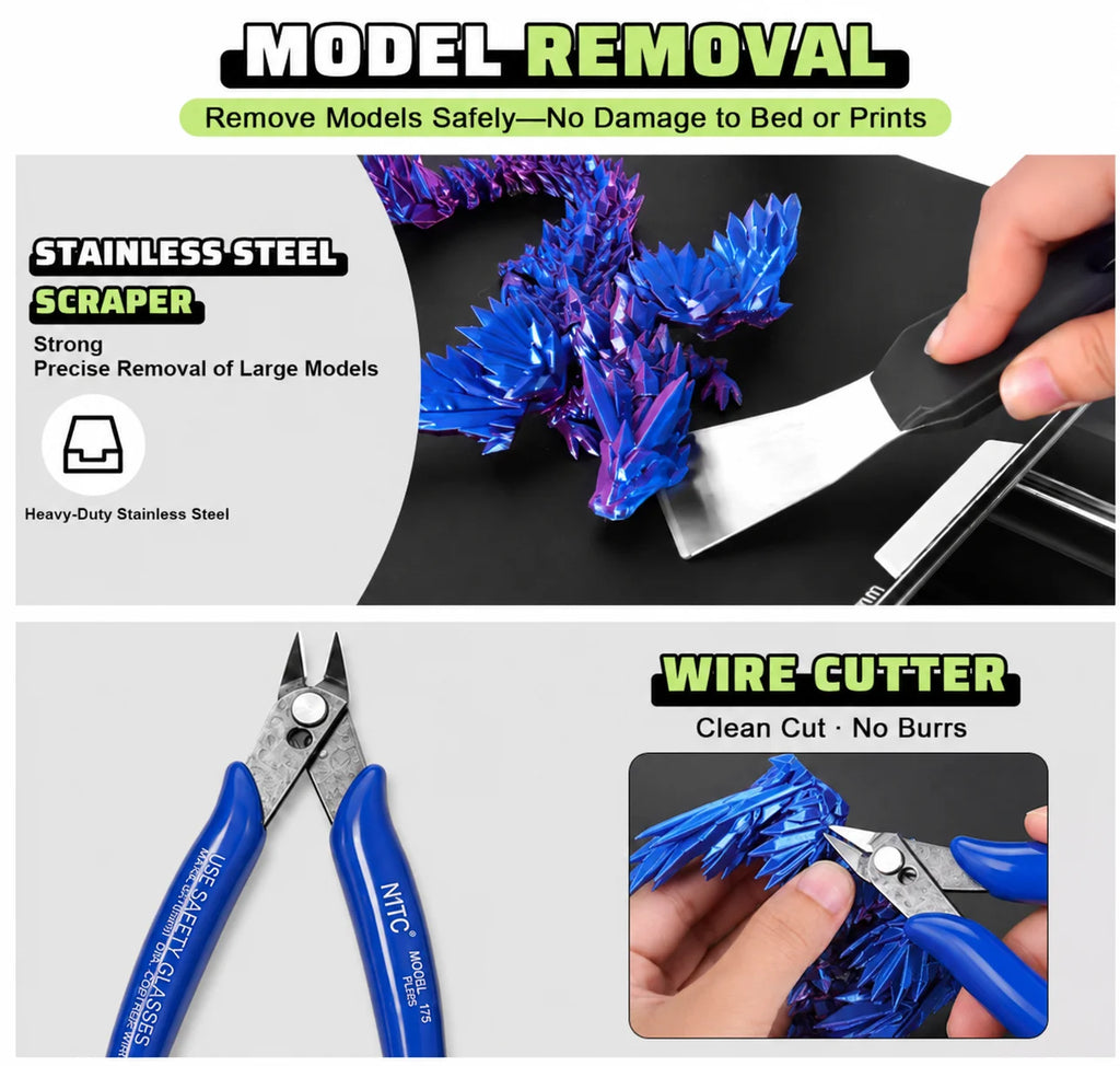 Complete 3D Printer Tool Kit Nozzle Cleaning Wire Brush Plier Spatula Wrench Platform Glue Stick Maintenance Set with Case Vue