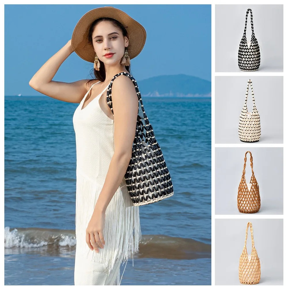 Elegant Bohemian Woven Hand Bag Female Style Exquisite Design Wooden Bead Tote Handmade Hollow-out Handbag Casual Use Vue