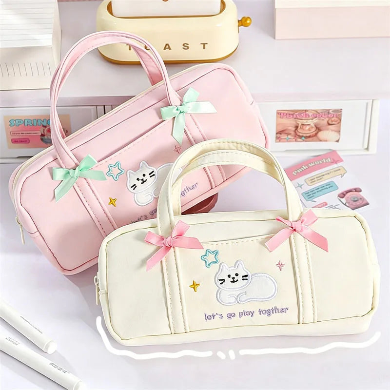 Pastel Kawaii Kitten Embroidery Cosmetic Tools Bag with Handle Double Bow Design Large Capacity Oxford Cloth Makeup Brush Holder Vue
