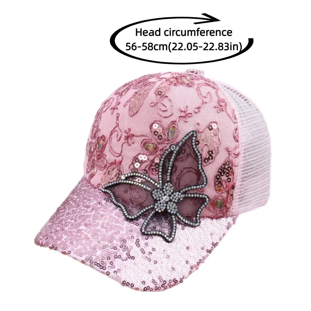 Trendy Mesh Women's Baseball Cap Black Rhinestone Butterfly Decor Sun