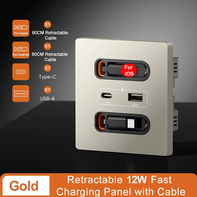 Universal Smart Socket With Charging Line 12W Fast Charge USB C Port PC Power Wall Panel, Mobile phone Charging Type C Outlet Vue 12W Gold