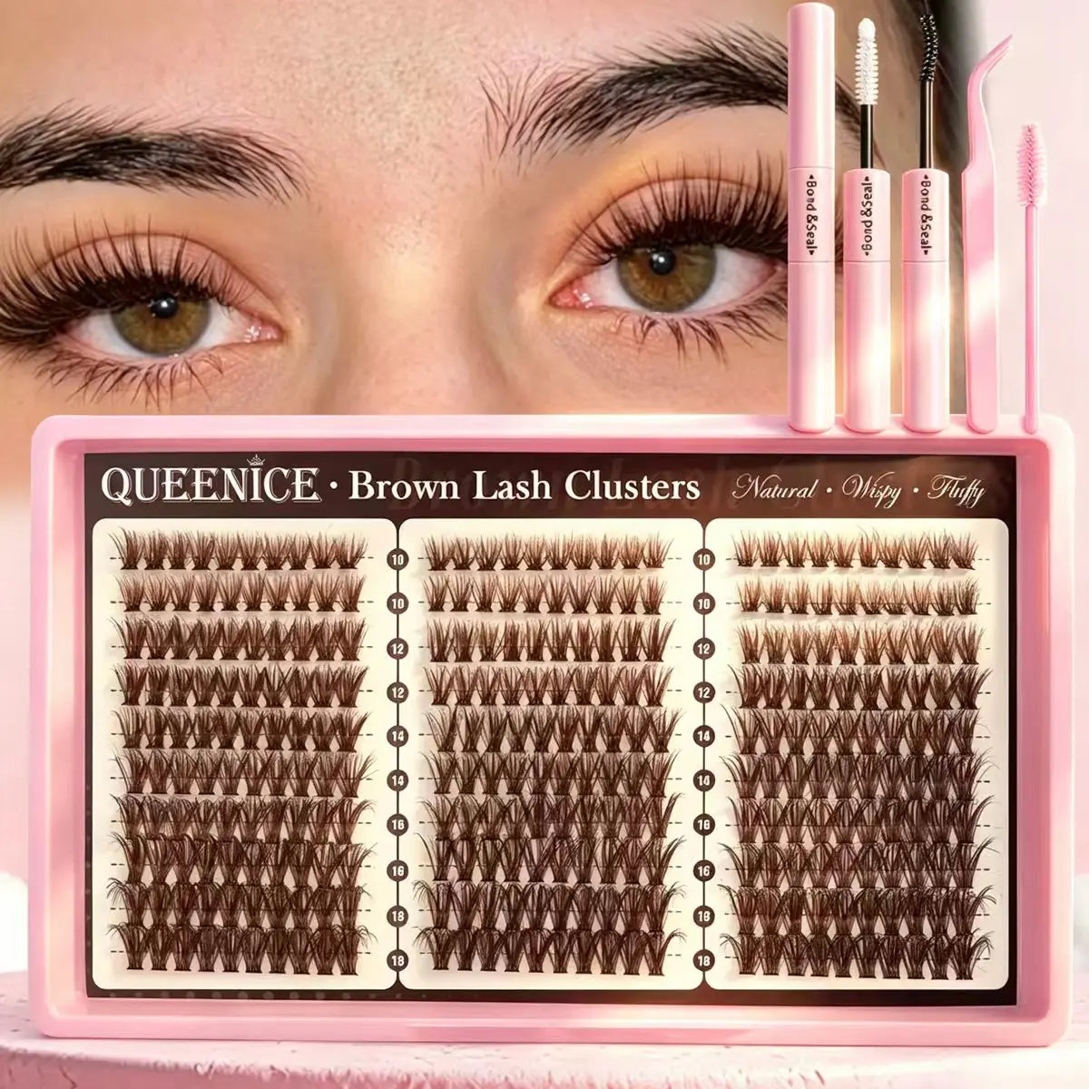 Dark Brown Cluster Lashes Kit, Fluffy Wispy Individual Lash Clusters, DIY Lash Extensions, 10-18mm Mixed Length, Thin Band Vue Brown fluffy kit MIX