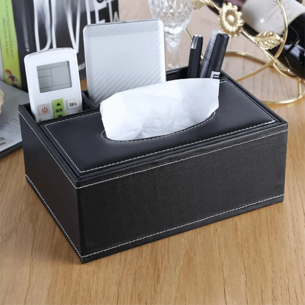 Artificial Leather Multi-functional Tissue Box Anti-moisture Rectangular Tissue Storage Box 4 Grid Tissue Paper Dispenser Vue