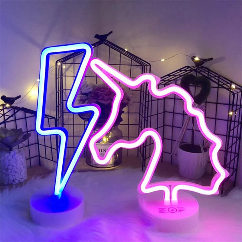 Battery/USB LED Neon Night Light Sign Flamingo Unicorn Coconut Tree Cactus Pineapple Table Lamp Kids Bedroom Christmas Art Decor Vue