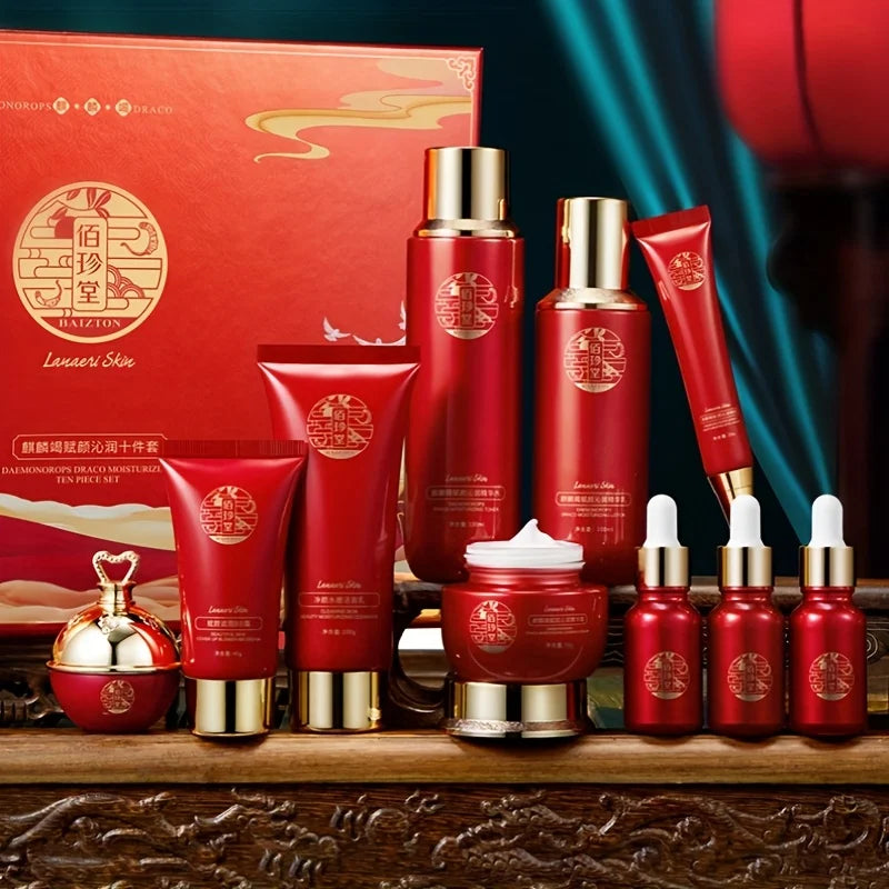 Qilin Jie Fu Yan Qin Run Ten-Piece Set of Hydrating and Moisturizing Facial Skincare Products, Containing a Variety of Herbal Extracts, with a Soft and Delicate Texture, Lightweight and Breathable, Skin-Friendly and Easy to A Vue
