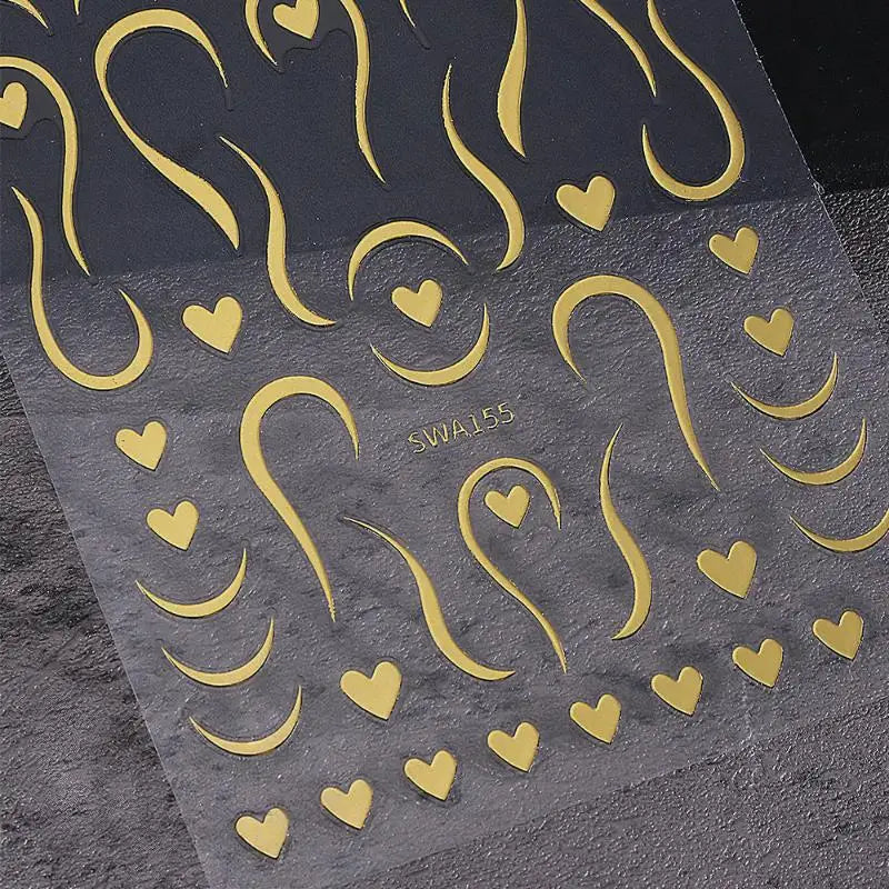 3D Gold French Lines & Love Heart Nails Stickers Luxury Heart Curve Line Ribbon French Nail Decals DIY Elegant Nail Decorations Vue