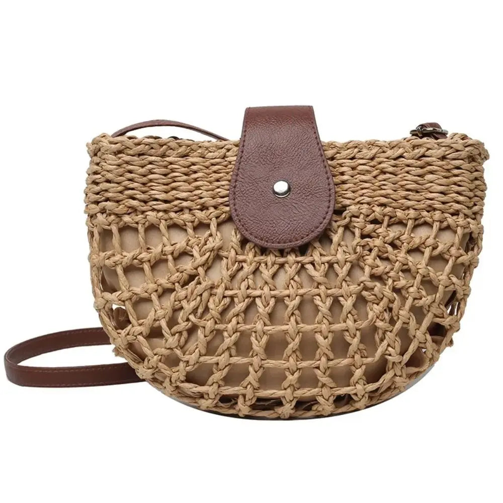 Women Summer Straw Bag Fashion Messenger Handbag Semicircle Crossbody Vue brown