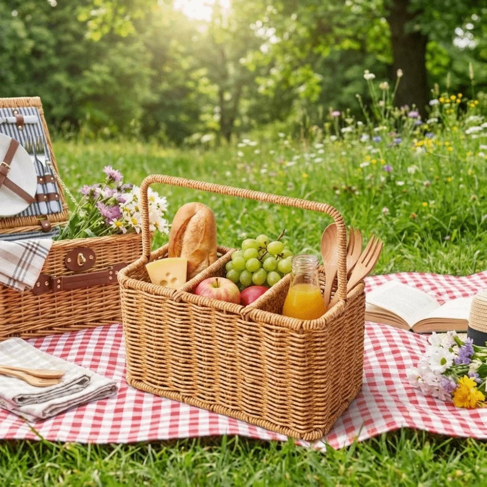 Large Capacity Utensil Storage Basket Portable with Handle Silverware Holder Rustic Divided Storage Basket Outdoor Camping Vue