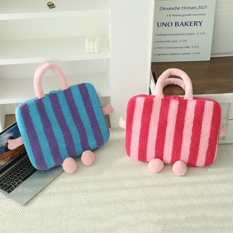 Striped Laptop Sleeve With Cartoon Big Eye Plush Doll Soft Case For Teens Women Office Travel Cute Birthday Christmas Gift Vue