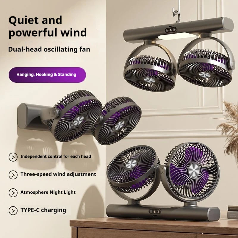Rechargeable Dual-head Desk Fan Night Light 3-Speed Quiet Air Vue