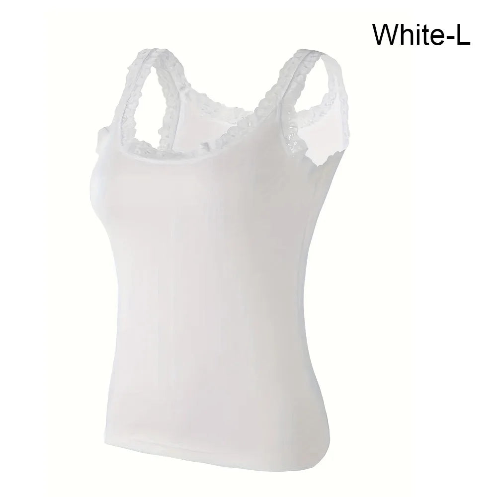 Casual U Neck Summer Tank Tops Sleeveless Lace Cami Shirt Underwear Vue White-L One Size