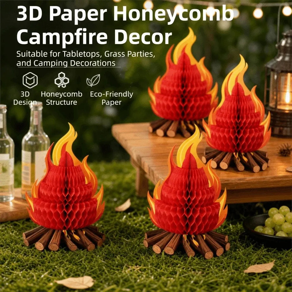 4Pcs Foldable 3D Paper Campfire Decoration 3D Honeycomb Paperboard Folding Campfire Centerpiece Handmade Artificial Flame Vue
