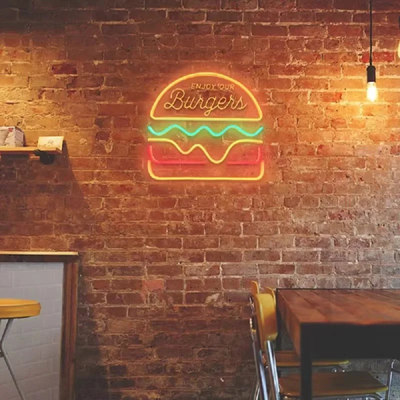 Business Shop Party Neon Sign Hamburger Pizza Fries Neon Light For Restaurant Eating House Wall Led Sign Food Shop Cinema Decor Vue