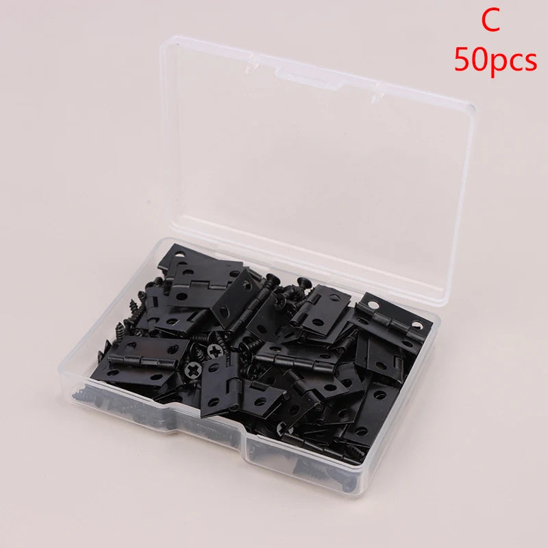 50pcs/box 4 Holes Mini Hinge Decor Hinges + 200 Screws Durable Furniture Hardware Iron Gold Silver Black Bronze Vue C 200pcs