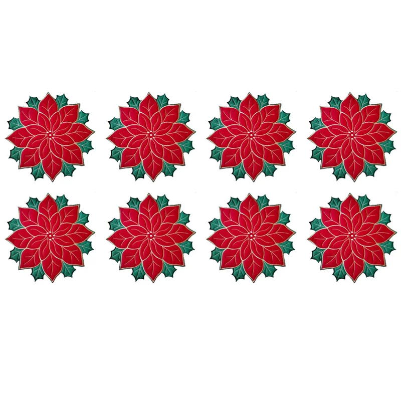 ABKW-8X Holiday Christmas Embroidered Placemats Applique Poinsettia Placemats Christmas Flower Placemat A Vue MULTI