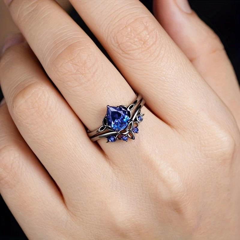 Huitan Black Plated Blue CZ Pear Ring | Vintage Women's Jewelry Fashion Ring Vue