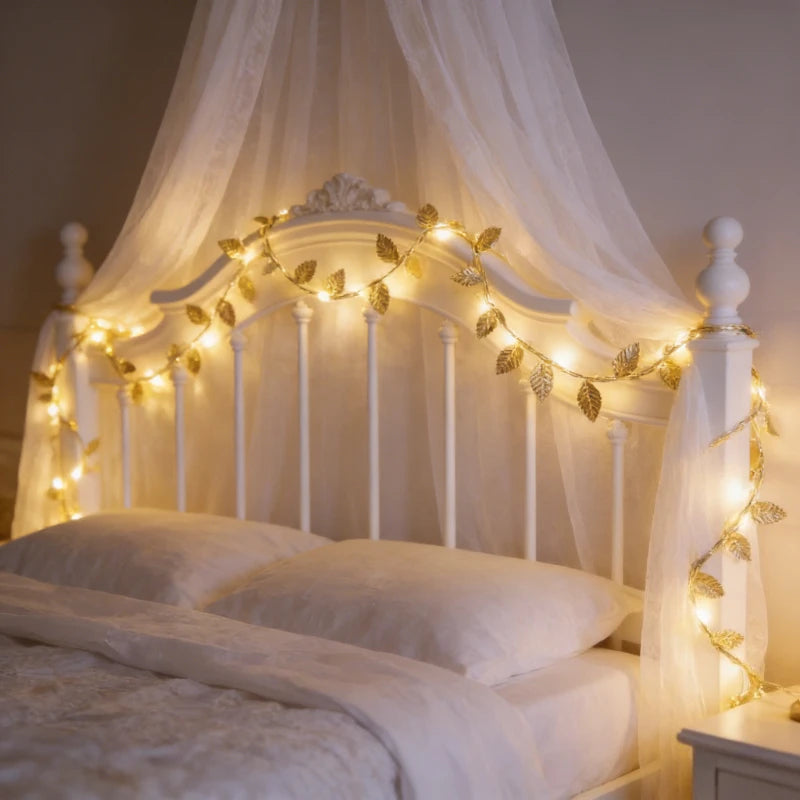 20LED Golden Tiny Leaves Copper Wire String Lights Battery Powered Fairy Lights for Home Wedding Party Christmas DIY Decoration Vue