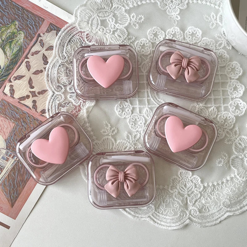 1Set Transparent Love Bow Contact Lens Case Contact Lens Cases Girl Portable Beauty Pupil Box Storage Eye Care Container Box Vue