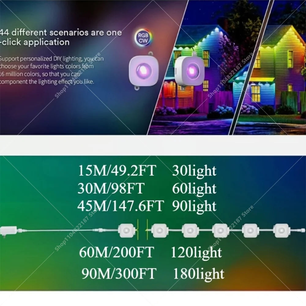 300FT 180LED Permanent Eaves LED Lights Outdoor Waterproof RGB String Lights DIY Scene Christmas Birthday Holiday Party Lighting Vue