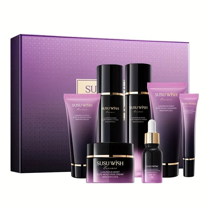 Luxurious and Elegant Nine-Piece Moisturizing Essence Set, Including Cleansing Milk, Essence Water, Essence Lotion, Essence Serum, Moisturizing Cream, Eye Cream, Sleeping Mask, Containing Niacinamide, Centella Asiatica Extrac Vue 9-Piece Set