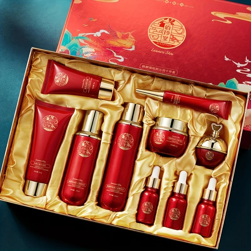 Qilin Jie Fu Yan Qin Run Ten-Piece Set of Hydrating and Moisturizing Facial Skincare Products, Containing a Variety of Herbal Extracts, with a Soft and Delicate Texture, Lightweight and Breathable, Skin-Friendly and Easy to A Vue